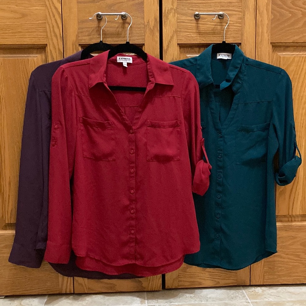 Express Portofino Shirts, Lot of 3 in Green, Purple, and Red